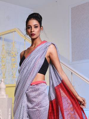 Light Grey Handwoven Cotton Blend Soft Saree With Texture Pattern 2