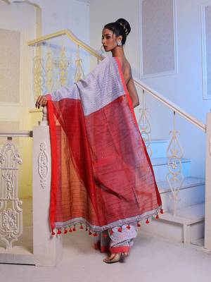 Light Grey Handwoven Cotton Blend Soft Saree With Texture Pattern 4