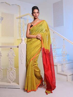 Lemon Yellow Handwoven Cotton Blend Soft Saree With Texture Pattern 1