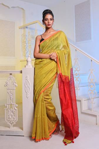 Lemon Yellow Handwoven Cotton Blend Soft Saree With Texture Pattern