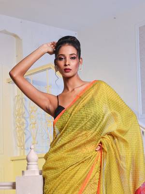 Lemon Yellow Handwoven Cotton Blend Soft Saree With Texture Pattern 2
