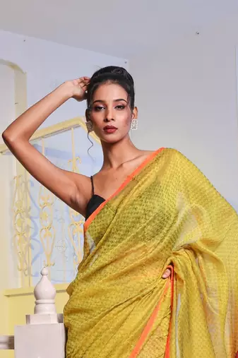 Lemon Yellow Handwoven Cotton Blend Soft Saree With Texture Pattern