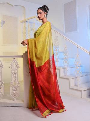 Lemon Yellow Handwoven Cotton Blend Soft Saree With Texture Pattern 3