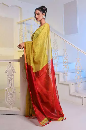 Lemon Yellow Handwoven Cotton Blend Soft Saree With Texture Pattern