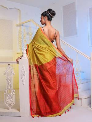 Lemon Yellow Handwoven Cotton Blend Soft Saree With Texture Pattern 4