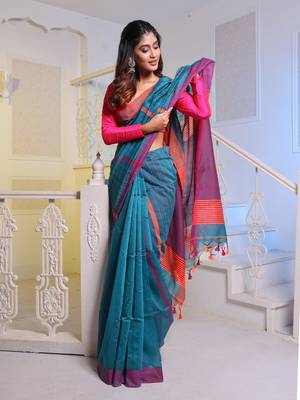Teal Handwoven Cotton Blend Soft Saree With Stripe Designs 1