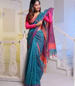 Teal Handwoven Cotton Blend Soft Saree With Stripe Designs
