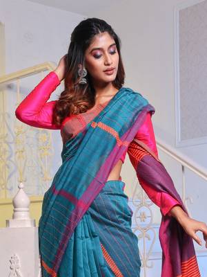 Teal Handwoven Cotton Blend Soft Saree With Stripe Designs 2