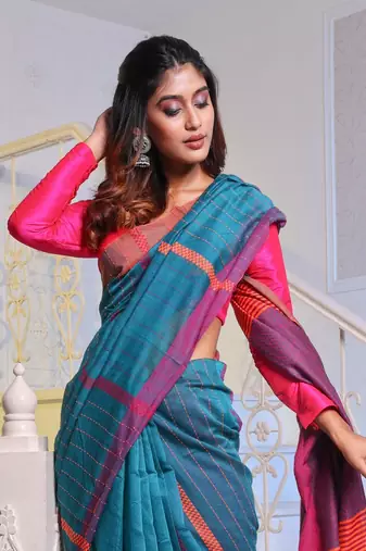 Teal Handwoven Cotton Blend Soft Saree With Stripe Designs