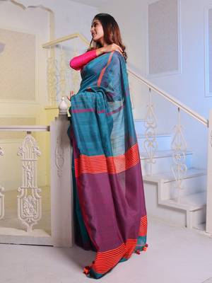 Teal Handwoven Cotton Blend Soft Saree With Stripe Designs 3