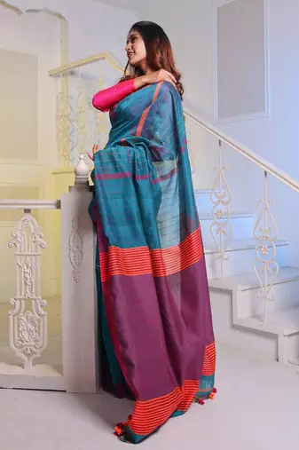 Teal Handwoven Cotton Blend Soft Saree With Stripe Designs