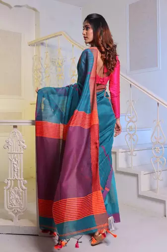 Teal Handwoven Cotton Blend Soft Saree With Stripe Designs