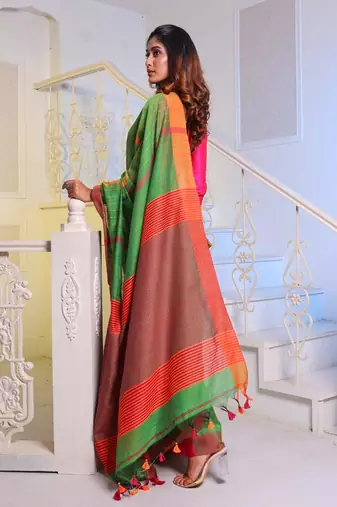 Parrot Green Handwoven Cotton Blend Soft Saree With Stripe Designs