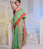 Light Green Handwoven Cotton Blend Soft Saree With Stripe Designs