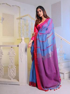 Sky Blue Handwoven Cotton Blend Soft Saree With Stripe Designs 1