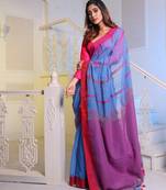 Sky Blue Handwoven Cotton Blend Soft Saree With Stripe Designs