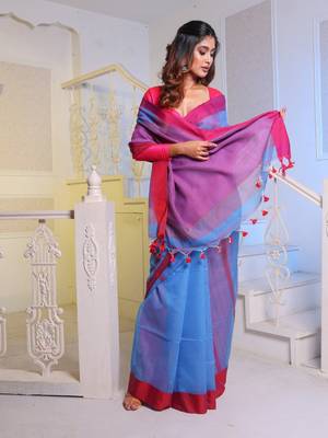 Sky Blue Handwoven Cotton Blend Soft Saree With Stripe Designs 2