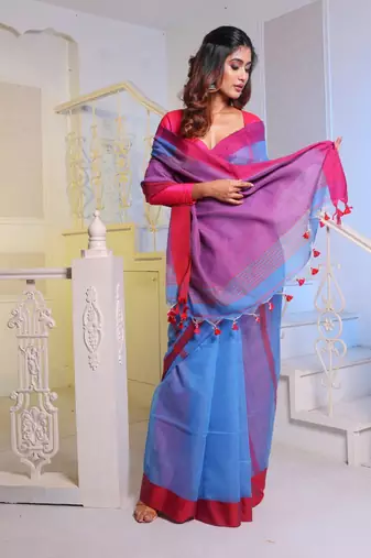 Sky Blue Handwoven Cotton Blend Soft Saree With Stripe Designs