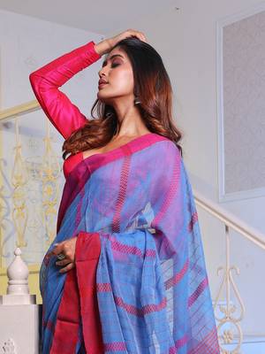 Sky Blue Handwoven Cotton Blend Soft Saree With Stripe Designs 3
