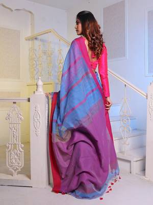 Sky Blue Handwoven Cotton Blend Soft Saree With Stripe Designs 4