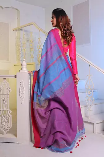 Sky Blue Handwoven Cotton Blend Soft Saree With Stripe Designs