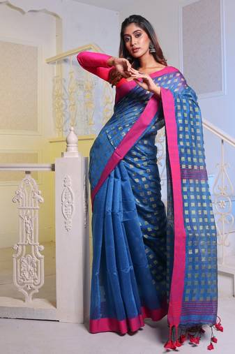 Sapphire Blue Handwoven Cotton Blend Soft Saree With Zari Woven Checked Box Design