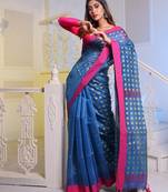 Sapphire Blue Handwoven Cotton Blend Soft Saree With Zari Woven Checked Box Design