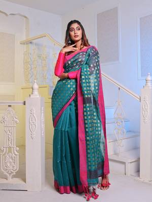 Teal Handwoven Cotton Blend Soft Saree With Zari Woven Checked Box Design 1