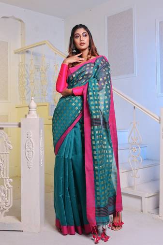 Teal Handwoven Cotton Blend Soft Saree With Zari Woven Checked Box Design