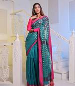 Teal Handwoven Cotton Blend Soft Saree With Zari Woven Checked Box Design