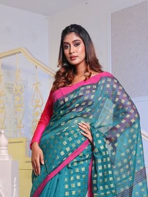 Teal Handwoven Cotton Blend Soft Saree With Zari Woven Checked Box Design 2