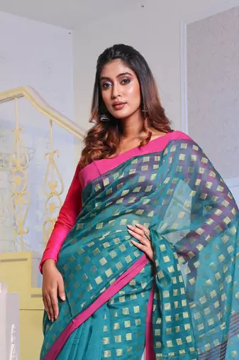 Teal Handwoven Cotton Blend Soft Saree With Zari Woven Checked Box Design