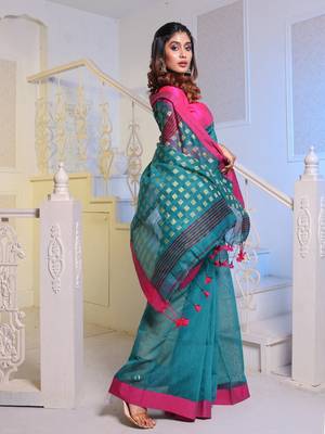 Teal Handwoven Cotton Blend Soft Saree With Zari Woven Checked Box Design 3