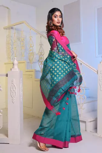 Teal Handwoven Cotton Blend Soft Saree With Zari Woven Checked Box Design
