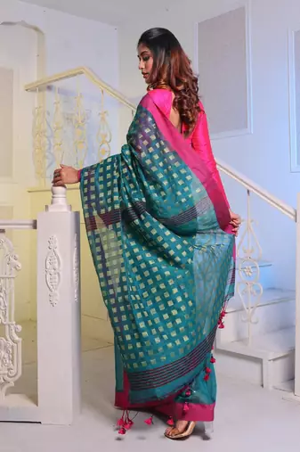 Teal Handwoven Cotton Blend Soft Saree With Zari Woven Checked Box Design