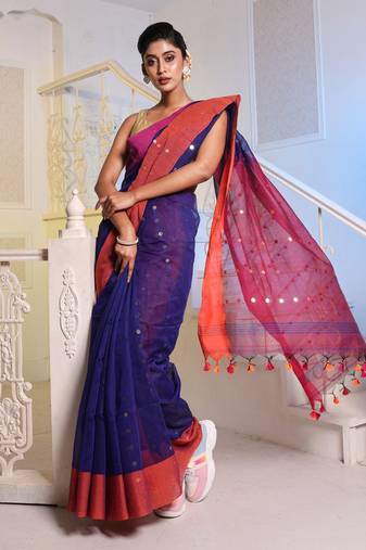 Navy Blue Handwoven Cotton Blend Soft Saree With Mirror Work