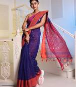 Navy Blue Handwoven Cotton Blend Soft Saree With Mirror Work