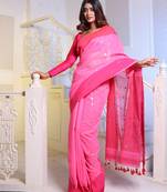 Pink Handwoven Cotton Blend Soft Saree With Mirror Work