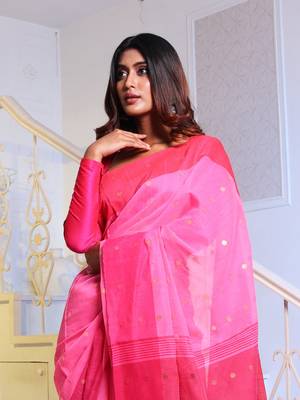 Pink Handwoven Cotton Blend Soft Saree With Mirror Work 2