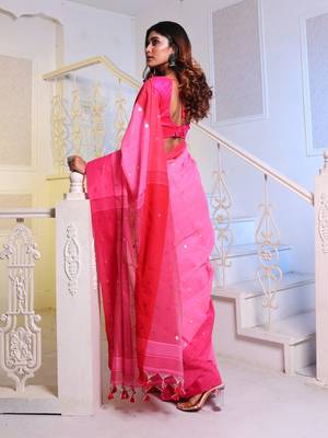 Pink Handwoven Cotton Blend Soft Saree With Mirror Work 4