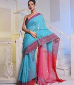 Sea Green Handwoven Cotton Blend Soft Saree With Mirror Work