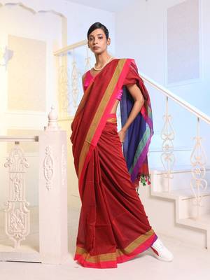 Red Cotton Handwoven Soft Saree With Dual Borders 1
