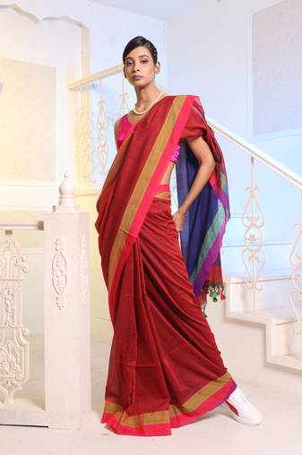 Red Cotton Handwoven Soft Saree With Dual Borders