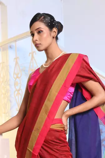Red Cotton Handwoven Soft Saree With Dual Borders