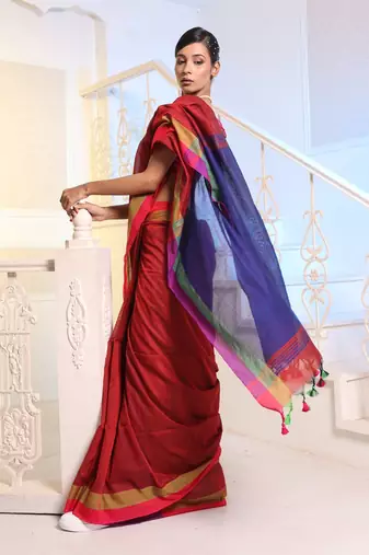 Red Cotton Handwoven Soft Saree With Dual Borders