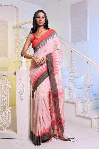 Beige Cotton Handwoven Soft Saree With Temple Borders