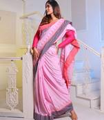 Baby Pink Cotton Handwoven Soft Saree With Temple Borders
