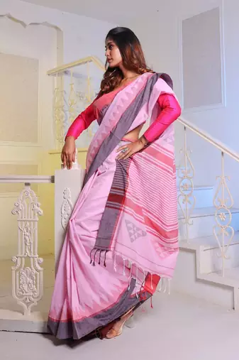 Baby Pink Cotton Handwoven Soft Saree With Temple Borders