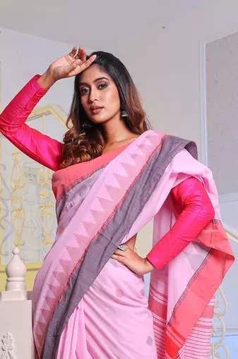 Baby Pink Cotton Handwoven Soft Saree With Temple Borders