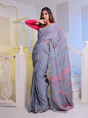 Grey Cotton Handwoven Soft Saree With Zari Borders 1